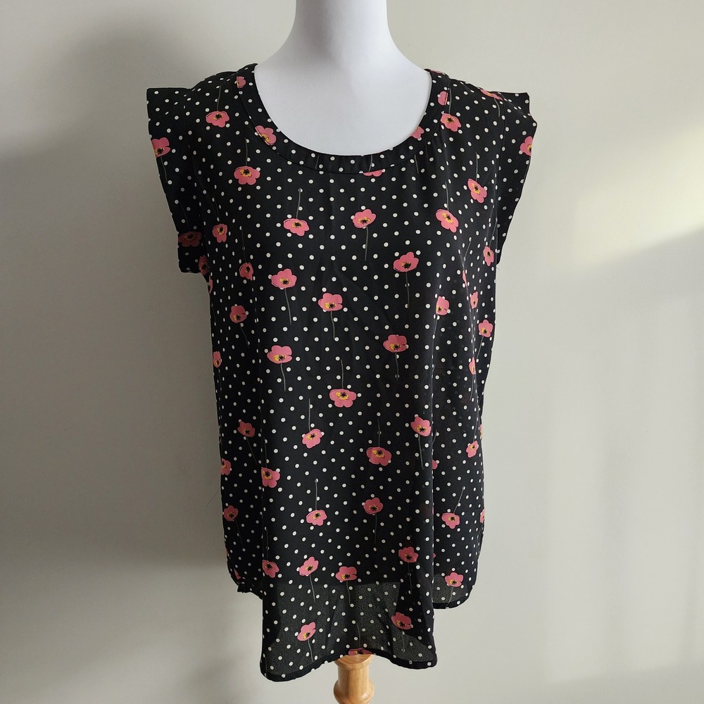 Anthropologie Pleione Blouse Womens Small Top Black Polka‎ Dot Pink Floral Pleat